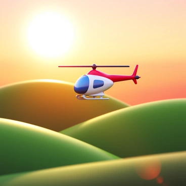 An RC helicopter with a sleek design hovering in the air. The helicopter features a bright red and white color scheme. The scene is bathed in the "golden glow" of a "sunrise," casting warm light over the surroundings. Rolling hills in the background are lush and green, partially illuminated by the soft sunlight. The sky is a gradient of orange and pink hues, enhancing the tranquil atmosphere of the early morning.