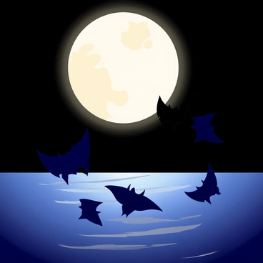 A full moon glowing brightly in a dark night sky creates a striking backdrop. Silhouettes of multiple manta rays leap gracefully from the surface of the water below. The water reflects the moonlight, creating a shimmering effect. The manta rays have wide, flat bodies and long, flowing wings, showcasing their elegant movements as they break through the water's surface.