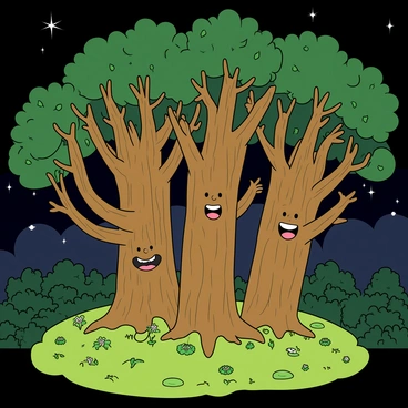 A cluster of tall, whimsical trees with expressive faces carved into their trunks. Each tree has a unique face, showing a variety of emotions like joy and excitement. They sway and dance with their branches reaching out as if they are embracing the night. The forest surrounding them is dense with leaves and underbrush, illuminated by a bright, full moon casting soft light on the scene. The ground is covered in a carpet of vibrant green moss and scattered flowers, adding color to the moonlit atmosphere.