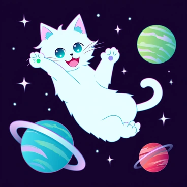 A playful cat with fluffy fur and bright green eyes is floating through space. Its tail is curled in excitement, and its paws are playfully reaching out toward nearby celestial bodies. Surrounding the cat are colorful planets, each with distinct patterns and textures, ranging from swirled blues and greens to vibrant reds and yellows. Twinkling stars scatter across the dark background, creating a magical atmosphere. The cat's expression is curious and joyful as it navigates through the cosmic scene.
