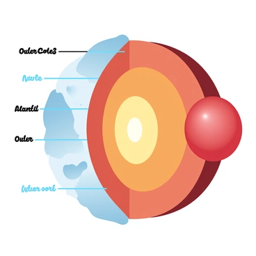 A detailed cross-section of Earth's geological layers is prominently displayed. The outermost layer is the "crust," characterized by rocky formations, varying in light and dark hues. Below the crust lies the "mantle," presented in a mix of orange and yellow gradients, indicating its semi-solid state. The "outer core" is depicted in a shimmering golden color, showing the liquid nature of this layer. Finally, the "inner core" is represented as a solid sphere in deep red, illustrating its extreme density and temperature. Each layer is clearly labeled with its respective name in visible text.
