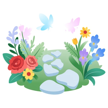 A garden path made of smooth stones curves gently through a lush green lawn. On either side of the path, vibrant flowers bloom in every color of the rainbow, including red roses, orange marigolds, yellow daffodils, green ferns, blue hyacinths, indigo irises, and violet pansies. The flowers are arranged in clusters, creating a vivid and colorful display. Above the path, delicate butterflies flit among the blossoms, adding a sense of movement to the scene.