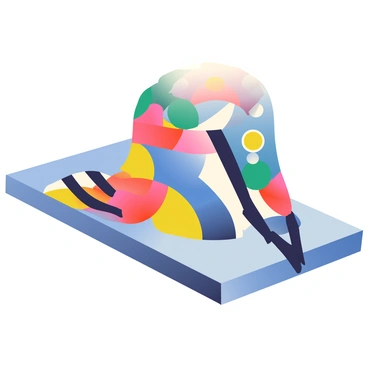 A scarf is displayed prominently, featuring a vibrant pattern composed of geometric shapes in various colors including blue, red, yellow, and green. The shapes are interspersed with bold black lines that create a dynamic contrast. The scarf is positioned on a smooth, light-colored surface, allowing the intricate details of the pattern to stand out clearly. The edges of the scarf are neatly finished, adding a touch of elegance to the overall design.