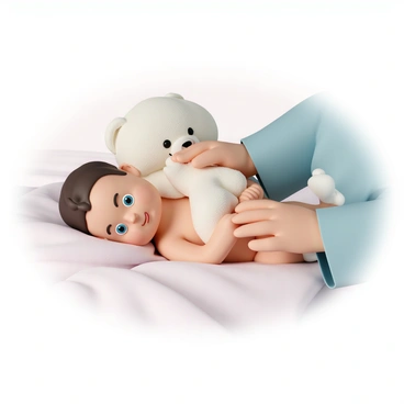 A baby, with soft, chubby cheeks and bright blue eyes, is lying on a soft, plush blanket. The baby is holding a fluffy teddy bear close to their chest, with one hand gently gripping its paw. A caregiver, wearing a light blue shirt, is softly massaging the baby's back with loving hands. The baby's expression is calm and relaxed, reflecting a sense of security and comfort. The teddy bear, with its round eyes and stitched smile, adds to the warm atmosphere. The setting is cozy and inviting, enhancing the tender moment shared between the baby and the caregiver.