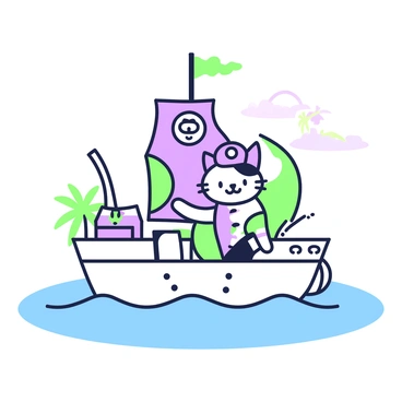 A small ship is sailing on gentle waves. At the helm stands a cat dressed as a pirate, complete with a tiny pirate hat that has a skull emblem. The cat has fur with distinct patterns, and its expression is mischievous. Its tail is playfully flicking in the breeze. The ship features a small sail adorned with a green-and-purple design. There is a treasure chest on the deck, filled with sparkling coins. In the background, a distant island with a palm tree can be seen.