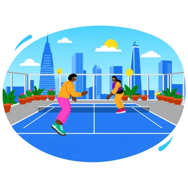 A pickleball court on a rooftop offering a panoramic view of the city skyline