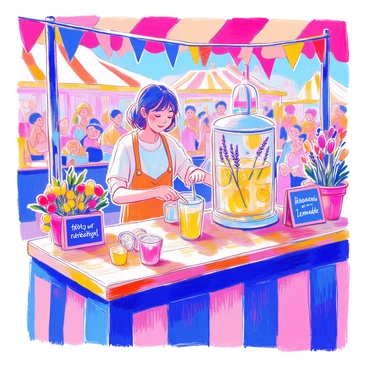 A festive stall is set up at a summer fair, adorned with colorful bunting and bright flowers. The stall features a wooden counter where a large glass dispenser showcases "lavender-infused lemonade" with sprigs of lavender floating on top. Behind the counter, a cheerful vendor is pouring lemonade into clear cups filled with ice. To the side, a small chalkboard sign displays the price and the words "Try our refreshing drink!" The background is filled with enjoying fairgoers and vibrant decorations, enhancing the lively atmosphere of the fair.