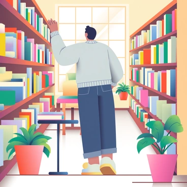 An ectomorph person with a slender build and short black hair is browsing through books in an old, charming bookstore. The bookstore is filled with wooden shelves, each stacked with various books of different sizes and colors. Sunlight filters through large windows, casting warm light on the polished wooden floor. The person is wearing a light gray sweater and dark jeans, with one hand gently reaching for a book on a high shelf. A small, vintage reading table with a few open books sits nearby, surrounded by lush green plants in terracotta pots. The atmosphere is inviting, evoking a sense of nostalgia and discovery.