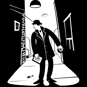 A 1940s detective wearing a trench coat stands in a dimly lit alley, holding a notebook in one hand and a magnifying glass in the other. Shadows cast by overhead light fixtures create a dramatic atmosphere. The ground is slick with rain, reflecting the faint light. In the background, there are crumbling brick walls and a discarded cigarette butt on the pavement. A foggy mist surrounds the detective, adding to the mystery of the scene.