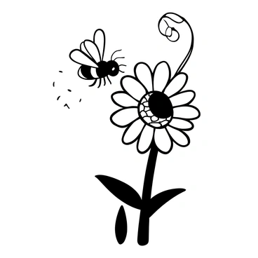 A bumblebee hovering above a large sunflower, its wings spread wide as it prepares to land on the vibrant petals. The sunflower stands tall with its round center filled with seeds, surrounded by broad leaves. Pollen grains are visible on the bee's body as it moves closer to the flower. Delicate tendrils of the sunflower's stem curve upwards, adding height to the scene.
