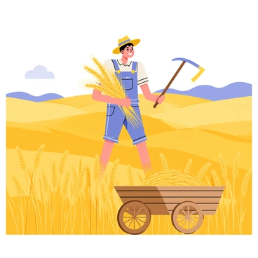 A farmer with a broad smile wearing a straw hat is harvesting golden wheat crops from a vast field. The field is filled with tall, swaying stalks of wheat that glisten in the sunlight. The farmer is holding a bundle of wheat in one hand while using a sickle in the other hand to cut more crops. In the background, there are rolling hills under a clear blue sky, and a few fluffy white clouds. Nearby, a wooden cart is filled with freshly harvested wheat, ready to be taken for profit.