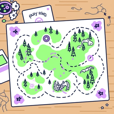 A detailed map of a magical forest is spread out on a wooden table. The forest is intricately illustrated, showcasing winding trails that lead to "fairy rings" and "secret clearings." The trails are marked with dotted lines, and various symbols indicate the locations of the fairy rings, depicted as circular patterns with ornate details. The secret clearings are represented by open spaces surrounded by trees, with small drawings of mythical creatures peeking out from the foliage. In the corners of the map, there are decorative elements like flowers and stars, enhancing the enchanting theme of the forest.