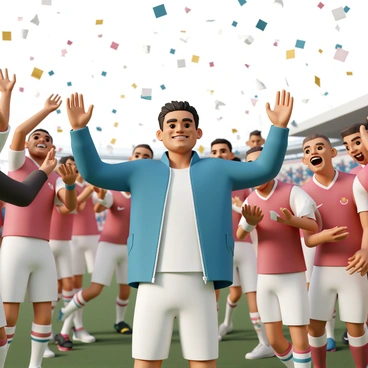 Ted Lasso, wearing a blue jacket and a white shirt, is standing in the center of a soccer field. He has a big smile on his face and is raising both arms in celebration. Around him, his team members, dressed in red and white jerseys, are cheering joyfully. Some players are waving towels, while others are jumping and clapping. Confetti is falling from above, adding to the festive atmosphere. In the background, the goalposts and cheering fans are visible, creating a vibrant scene of victory.