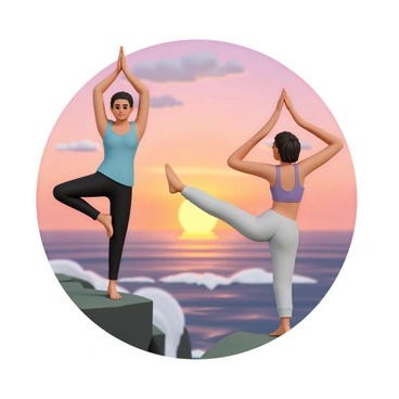 Two friends are practicing yoga on a clifftop, facing a vibrant sunset. One friend is in a tree pose, balancing confidently on one leg, wearing a light blue tank top and black leggings. The other friend is in a downward dog pose, with arms and legs extended, wearing a purple sports bra and grey yoga pants. The sky is filled with shades of orange, pink, and purple as the sun sets on the horizon. Below the clifftop, the ocean waves can be seen crashing against the rocks, adding a sense of tranquility to the scene.