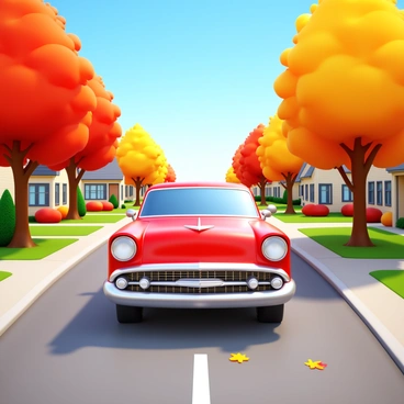 A classic American car in bright red color is driving down a tree-lined street in a suburban neighborhood. The trees are adorned with vibrant autumn foliage in shades of orange, yellow, and red. The car's chrome details shine in the sunlight as it moves past charming single-family homes with manicured lawns. A few fallen leaves swirl in the air as the car passes by, adding to the seasonal ambiance of the scene. The sky is clear blue, enhancing the warm tones of the autumn leaves surrounding the neighborhood.