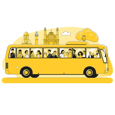 A yellow sightseeing bus filled with tourists is driving through a city. The bus has large windows, and tourists are leaning out to take photos. Some tourists hold cameras and smartphones, capturing images of famous landmarks. In the background, notable buildings and monuments with distinct architectural features are visible. The sky is clear, allowing for a bright atmosphere. The bus's wheels are turning as it moves along a bustling city street.