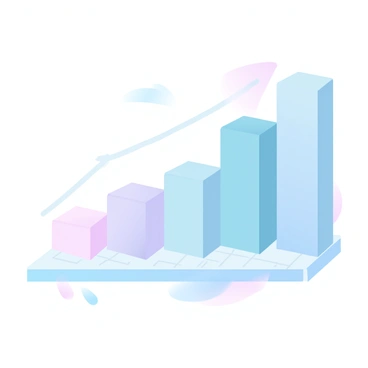 A 3D bar graph with multiple bars in varying heights, each representing different financial figures. The bars are colored in a gradient of pastel shades, creating a soft appearance. The base of the graph has a faint grid to provide context for the growth. A subtle upward arrow is integrated into the design, emphasizing the theme of financial growth and success. The background is a smooth gradient that complements the colors of the bars.