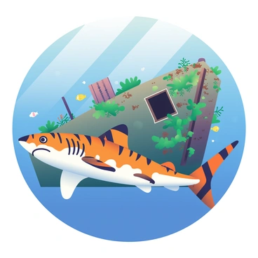 A tiger shark with distinctive striped patterns is swimming gracefully in clear blue water. The shark's powerful body is streamlined, with its fins extended. In the background, a partially submerged shipwreck is visible, encrusted with vibrant green and brown marine growth. Various types of corals and seaweed cling to the rusted metal and wood of the wreck. Small fish dart in and out of crevices in the ship, and shafts of sunlight penetrate the water, illuminating the scene with a soft glow.