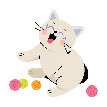 A fluffy kitten with soft, light gray fur is yawning adorably. Its small mouth is wide open, showcasing tiny teeth, and its bright blue eyes are squinting slightly. The kitten is sitting in a playful pose, with its front paws stretched out. Surrounding the kitten are colorful yarn balls in various sizes, adding a playful atmosphere. The entire scene appears lively, capturing the essence of the kitten's charming behavior.
