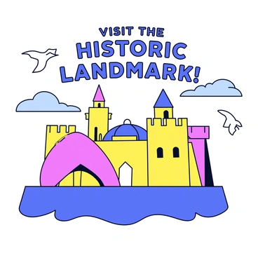 A travel poster featuring a famous historic landmark. The landmark is depicted with bold lines and vibrant colors. In the foreground, there is a stylized representation of the landmark, showcasing its iconic features, such as towers or arches. Above the landmark, the words "Visit the Historic Landmark!" are displayed in a prominent, playful font. The background is a simple gradient, enhancing the central image. There are minimal decorative elements like clouds or birds to evoke a sense of adventure.