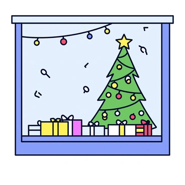 A shop window decorated for Christmas. Inside the window, there are colorful ornaments hanging from a tall decorated Christmas tree. The tree is adorned with gold and red decorations and topped with a shiny star. Below the tree, there are neatly wrapped presents in various sizes and colors. Surrounding the window are twinkling string lights that create a warm glow. Outside the window, soft snowflakes are falling gently, adding to the festive atmosphere.