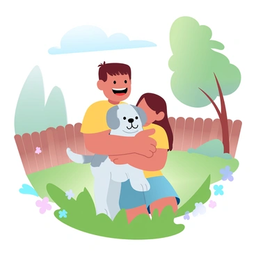A child is hugging a small puppy in a sunny backyard. The puppy has a fluffy coat, and its tail is wagging happily. The child is wearing a bright t-shirt and shorts, with a joyful expression. Around them, vibrant green grass is visible, dotted with colorful flowers. In the background, there are a few tall trees providing shade, and a wooden fence can be seen outlining the yard. The sunlight casts a warm glow over the scene, enhancing the cheerful atmosphere.