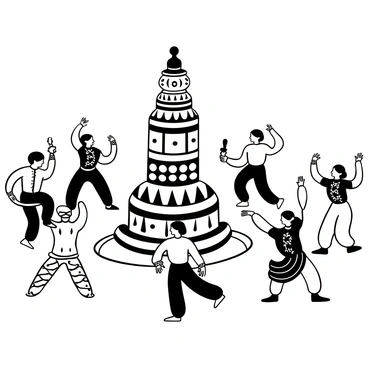 A group of dancers dressed in intricate, patterned costumes performs around an "onathappan," which is a traditional decorative structure resembling a statue. The dancers are in various dynamic poses, showcasing their graceful movements. The "onathappan" is elaborately adorned with detailed designs, while the dancers hold traditional props. The setting includes elements representing cultural heritage, enhancing the lively atmosphere of the performance.
