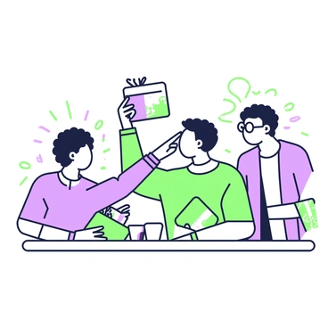 A group of friends is sitting together at a table. They are leaning in towards each other, actively engaged in conversation. Each friend has their wallet open in front of them, displaying various cards. One friend with curly hair is pointing to a card in their wallet while another friend, wearing glasses, is leaning closer to get a better look. A third friend is holding up their wallet with a big smile, showing off a colorful card. The table is covered with a few other personal items, including a small plant and a couple of empty cups. A warm atmosphere surrounds them as they enjoy their time together.