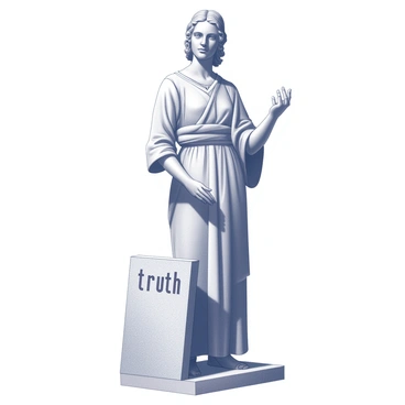 A statue of a person stands tall, depicting a figure with a serious expression. The person is positioned upright, with one arm raised, gracefully supporting a stone tablet in front of them. The stone tablet is rectangular, prominently featuring the word "truth" chiseled deep into its surface. The figure's clothing is intricately detailed, suggesting historical attire, with folds and textures that add realism to the sculpture. The overall composition highlights the contrast between the solidity of the stone tablet and the delicate features of the figure.