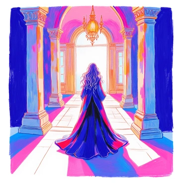 A character resembling "Bellatrix Lestrange" is standing at the entrance of a grand hall. She is dressed in a flowing dark robe that cascades elegantly to the floor. Her hair is long, wild, and black, framing her face dramatically. The grand hall features high ceilings adorned with intricate details and ornate chandeliers hanging from above. Stone walls surround her, with tall, arched windows allowing soft light to filter in. The floor is made of polished marble, reflecting her figure. Shadows play across the scene, enhancing the mysterious atmosphere.