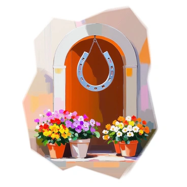 A rustic horseshoe made of weathered metal is hanging above an arched doorway, displaying its unique patina and texture. Below the horseshoe, vibrant flowers in various colors are blooming in a thriving arrangement. The flowers include bright red geraniums, yellow daisies, and purple petunias, overflowing from pots that are nestled in the ground. The scene is set against a warm, inviting backdrop, enhancing the charm of the entrance.