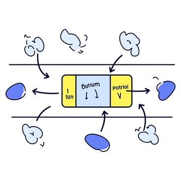 An illustration depicting a sodium-potassium pump embedded in a cell membrane. The pump has a rectangular shape with distinct sections labeled "sodium" and "potassium." Sodium ions are shown moving from the outside of the cell into the pump, while potassium ions are moving from the inside of the pump to the outside of the cell. Small arrows indicate the direction of ion movement. Surrounding the pump, there are simplistic representations of the cell membrane and nearby cells to suggest the concept of cellular communication. Each element is outlined clearly for clarity.