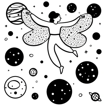 A fairy with intricate, cosmic wings outstretched is floating gracefully among planets and stars in outer space. The wings feature detailed patterns resembling galaxies and celestial bodies. Surrounding the fairy are several planets of varying sizes, with unique textures and patterns on their surfaces. Stars twinkle in the background, creating a disperse and scattered arrangement throughout the scene.