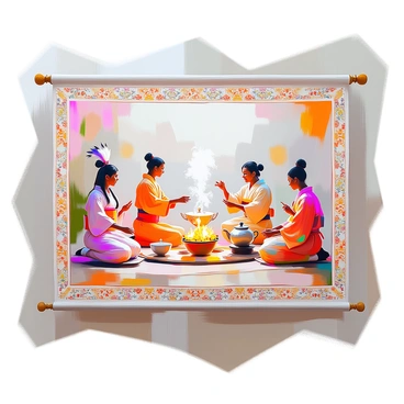 A tapestry showing scenes from different cultural heritage and rituals