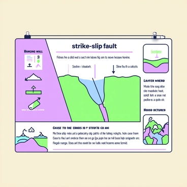 An educational poster is displayed on a wall, featuring a large, detailed illustration of a “strike-slip fault.” The fault line runs horizontally across the center of the poster, showing clearly how two sections of earth move past each other. On the left side of the fault, there is a labeled diagram of the earth's crust with arrows indicating the direction of movement. Above the fault line, there are labels such as "hanging wall" and "footwall," providing clear definitions. Below the fault, additional information explains the causes and effects of strike-slip faults, with descriptive bullet points. Surrounding the main image, there are smaller illustrations of real-world locations where strike-slip faults can be observed, each marked with arrows indicating geological activity. The overall layout is organized and informative, aimed at educating viewers about this geological phenomenon.