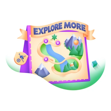 A treasure map displayed prominently, featuring a winding path leading to various landmarks. The map includes a mountain, a river, and a forest, all marked with detailed illustrations. Overlaying the map is a banner displaying the words "Explore More" in bold, adventurous font. Each landmark is highlighted with distinctive colors, drawing attention to their unique features. Small symbols, such as a compass and an X, are scattered across the map to enhance the treasure-hunting theme.