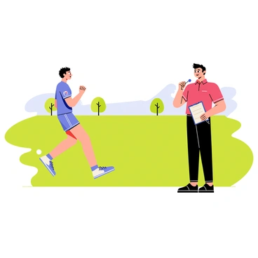An athlete in a bright blue athletic outfit is sprinting on a lush green grassy field. The athlete has short, focused hair and a determined expression, showcasing their effort as they push forward. Nearby, a coach in a red polo shirt is standing with a clipboard in hand, observing the athlete's technique closely. The coach has a whistle around their neck and is nodding in approval while taking notes. In the background, a few trees line the edge of the field under a clear blue sky.