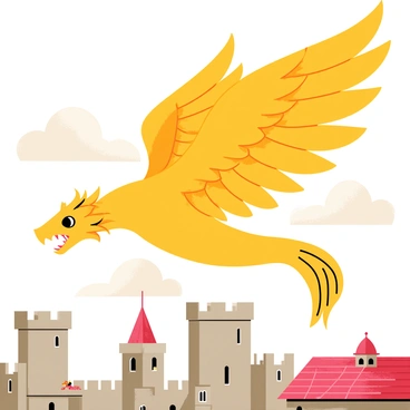 A powerful griffin with majestic golden feathers and sharp, fierce eyes is soaring through fluffy white clouds. Below, a medieval city is visible, featuring tall stone towers and red-tiled rooftops. The griffin's wings are fully extended, showcasing their impressive size and strength as they glide effortlessly. The sunlight catches the griffin's feathers, creating a radiant effect, while the city bustles with small figures moving about in the streets.