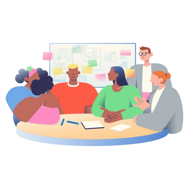 A diverse group of team members is gathered around a round wooden table. There are five individuals: a woman with curly dark hair wearing a blue blouse, a man with short blond hair in a red t-shirt, a woman with straight black hair in a green dress, a man with glasses and a grey sweater, and a woman with light brown hair tied in a bun wearing a white shirt. They are actively discussing and brainstorming ideas. Colorful sticky notes in shades of pink, yellow, and green are scattered across the table and some are being held by the individuals. A notepad and a pen are also on the table, and a whiteboard filled with diagrams and notes is visible in the background.