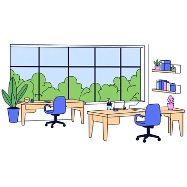 An office space with large floor-to-ceiling windows that allow ample natural light to flood the room. The windows have sleek black frames and provide a view of greenery outside. There are minimalistic desks made of light wood arranged neatly in the space, each equipped with a modern ergonomic chair. Plants are placed on the desks and in corners, enhancing the fresh atmosphere. The walls are painted in a soft white color, and there are a few simple shelves displaying books and decorative items. The overall layout promotes an open and airy feel, minimizing the need for artificial lighting.