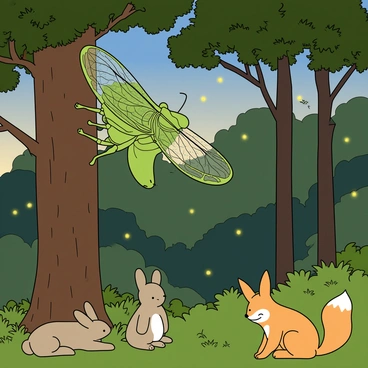 A large green cicada perched on the branch of a tall tree in a lush forest. The cicada has intricate wings that are semi-transparent with delicate patterns. It is early evening, and the forest is bathed in soft twilight. Surrounding the cicada are various trees, their leaves rustling gently in the breeze. A few small animals, such as a curious rabbit and a sleepy fox, are visible in the underbrush, appearing calm and relaxed as they listen to the cicada's song. The atmosphere is tranquil, with a subtle glow from fireflies beginning to dance in the air.