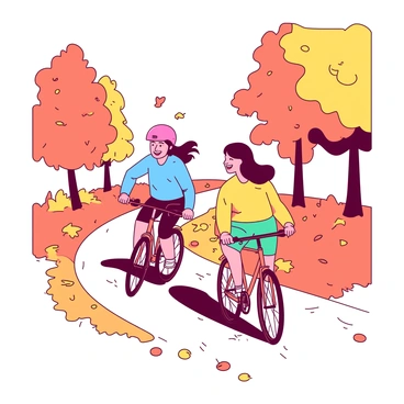 Two friends are riding bicycles along a winding trail covered with a carpet of orange and yellow autumn leaves. One friend, wearing a blue jacket and a pink helmet, is leading the way with a smile on their face. The other friend, dressed in a yellow sweater and teal shorts, is following closely behind, laughing as they pedal. The trees on either side of the trail are vibrant with colorful foliage, creating a picturesque backdrop for their adventure. A gentle breeze is causing some leaves to fall, adding to the magical atmosphere of the moment.