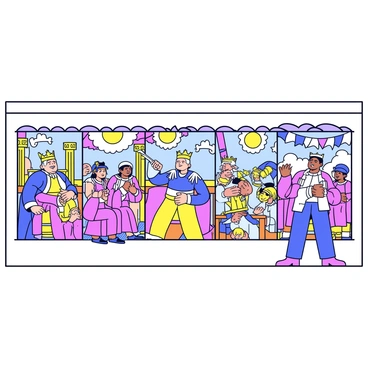 A mural showcasing a series of panels illustrating the legendary deeds of a king throughout his reign. The first panel displays the king on a grand throne, adorned in a majestic robe and a crown, surrounded by loyal subjects. The second panel depicts the king leading his army into battle, brandishing a sword and rallying his troops with determination. In another panel, the king is seen forging a peace treaty, shaking hands with a rival leader under a backdrop of a beautiful landscape. The final panel features the king sharing a moment of joy with his people during a grand celebration, with banners and flags waving in the air. Each panel is framed with ornate decorative elements that enhance the royal theme.