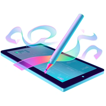 A sleek stylus pen with a metallic finish glides smoothly across a high-definition digital screen. As it moves, it leaves behind vibrant rainbow trails that shimmer in a spectrum of colors, from deep red to bright violet. The background of the screen displays an abstract digital workspace, enhanced by soft glows and geometric shapes. Each stroke of the stylus creates dynamic, swirling patterns that seem to dance in the air, capturing the essence of creativity and digital artistry.