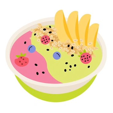 A vibrant smoothie bowl filled with a creamy, pastel-colored base featuring shades of pink and green. The bowl is topped with evenly arranged banana slices that are a bright yellow, contrasting with the other ingredients. A sprinkling of crunchy granola covers part of the surface, with clusters of oats and nuts visible. Small black chia seeds are scattered throughout, adding texture and detail. Some fresh berries in shades of red and blue are also placed on top, enhancing the bowl's colorful appearance.