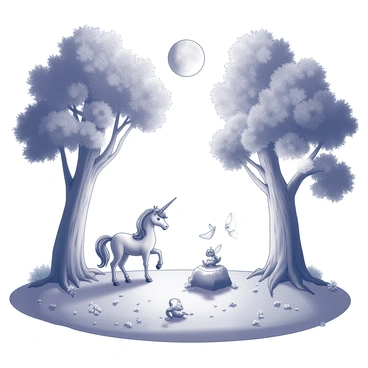 A grove surrounded by tall trees with thick trunks and dense foliage. The ground is covered in soft, lush grass with patches of delicate flowers scattered throughout. In the center of the grove, various mystical creatures are gathered, including a unicorn with a spiraled horn and a serene expression, a small dragon perched on a rock with glimmering scales, and a fairy with translucent wings fluttering above the grass. The moon hangs high in the sky, casting a soft light that illuminates the scene and creates gentle shadows among the trees, enhancing the magical atmosphere.