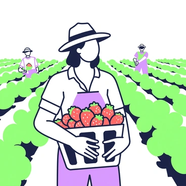 A person is standing in a lush strawberry field, holding a basket brimming with ripe strawberries. The basket is woven and has a sturdy handle. The person is wearing a straw hat and a light, casual shirt with sleeves rolled up. Their hands grasp the basket tightly, showcasing the vibrant red strawberries, some with green leaves still attached. In the background, rows of green strawberry plants stretch toward the horizon under a bright sky. In the distance, a few other harvesters can be seen, picking strawberries as well.