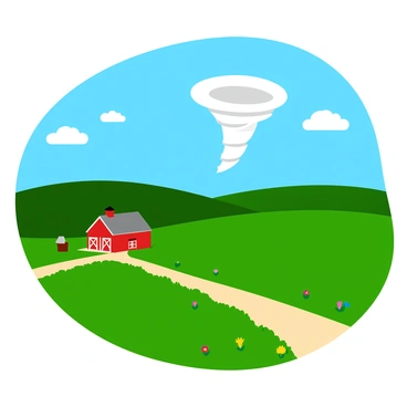 A rural landscape featuring rolling green fields under a bright blue sky. In the distance, a tornado funnel cloud is clearly visible, swirling ominously but not touching the ground. There are a few scattered, fluffy white clouds nearby, adding contrast to the scene. A dirt road winds through the fields, leading toward a small farmhouse with a red barn on the left side of the image. Wildflowers dot the foreground, bringing splashes of color into the composition.