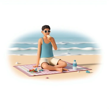 A person, wearing a blue tank top and beige shorts, is sitting on a colorful beach towel spread out on the warm sand. They are enjoying a picnic lunch that includes a sandwich, a fruit salad, and a bottle of water. The person's sunglasses rest on their head, and they have a relaxed expression as they take a bite of the sandwich. In the background, gentle ocean waves are rolling onto the shore, creating a tranquil atmosphere with the sun glistening on the water. A few seashells and small stones are scattered around the towel, adding to the beach setting.