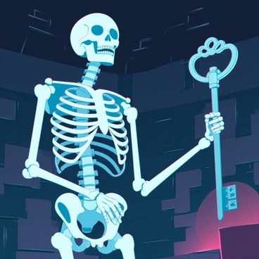 A skeletal figure with a detailed, hollow structure, holding an ornate key in its outstretched bony hand. The skeleton is standing upright, with its skull tilted slightly to one side, giving it an inquisitive appearance. The key is intricately designed, featuring elaborate patterns and a large bow, glinting with a metallic sheen. The background is a dimly lit, stone-walled crypt, enhancing the eerie atmosphere of the scene, with shadows cast by flickering torchlight.